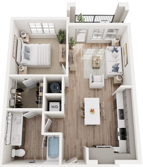 Floor plan for 1 bed, 1 bath, 749 sqft
